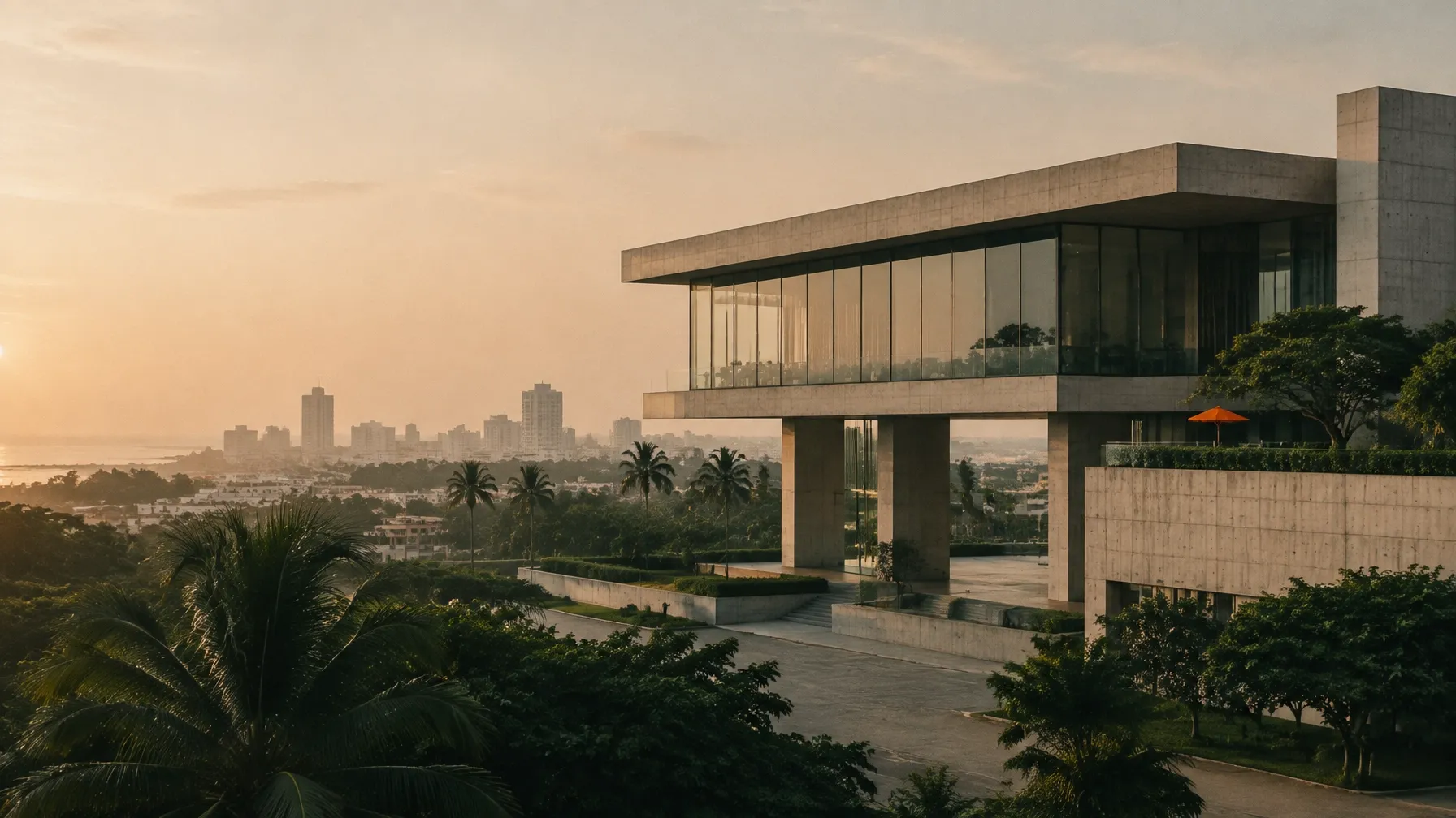 Sunlit modernist architecture in a warm African city