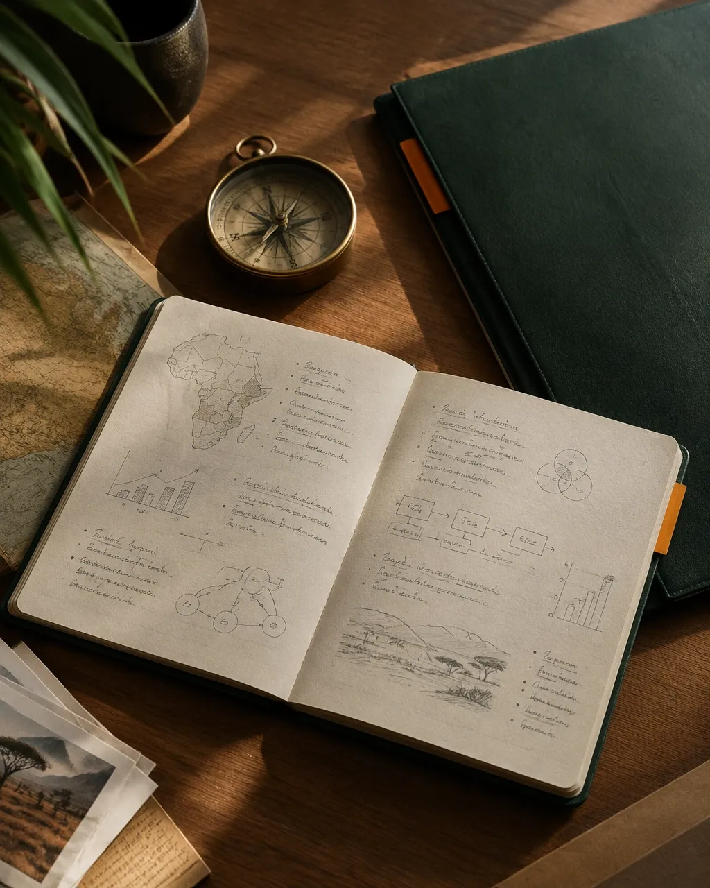 Notebook and compass beside a dark green folder
